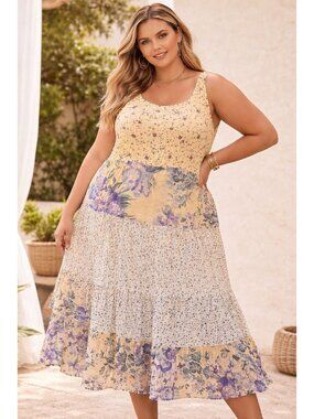 Style in Fashion sleeveless, tiered maxi dress featuring mixed floral patchwork